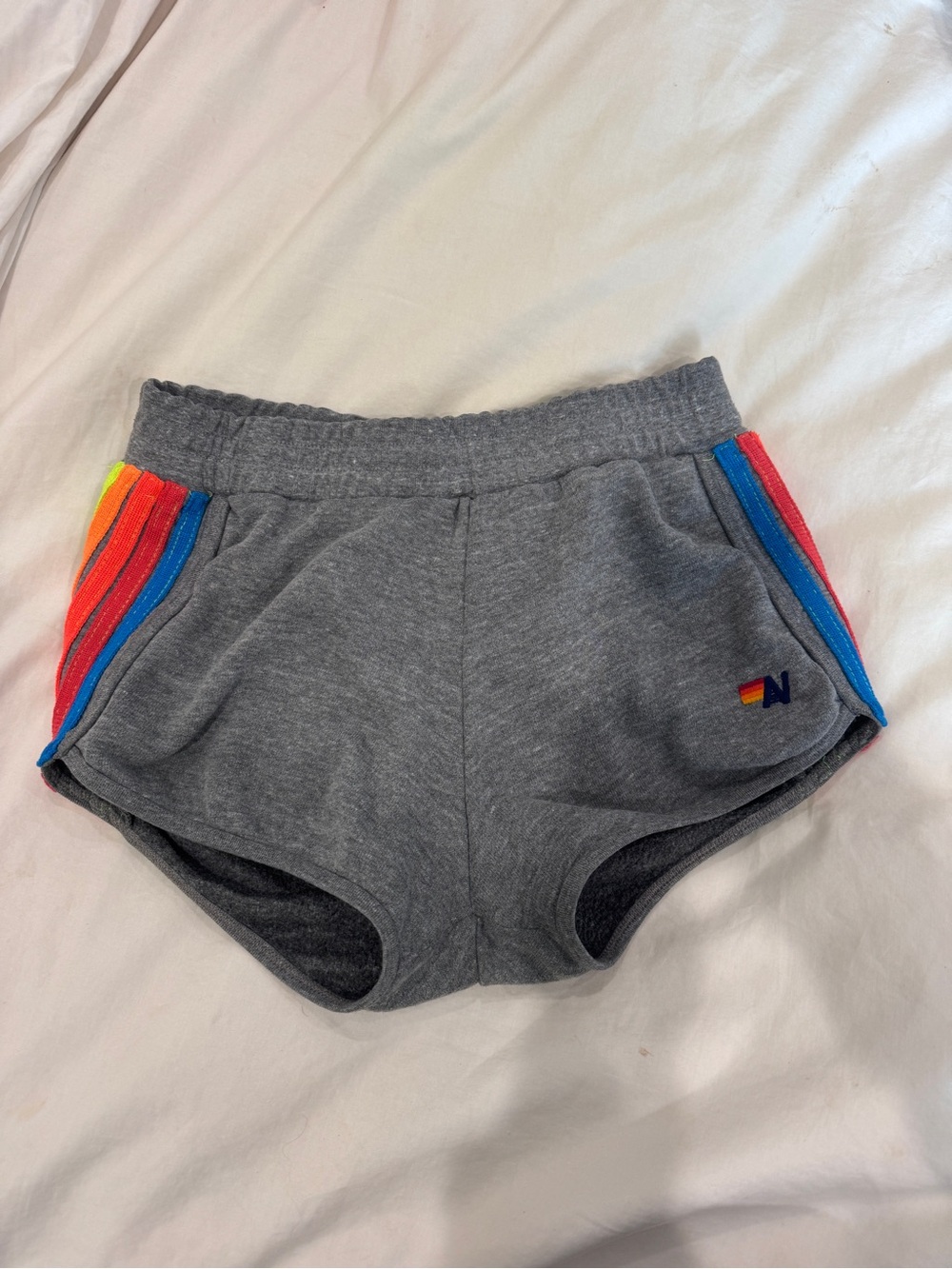 Aviator Nation Gray Shorts with Neon Rainbow Side Stripes